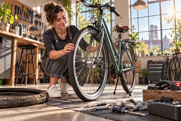 Eine Frau prüft in einer sonnigen Fahrradwerkstatt das reparierte Vorderrad ihres Stadtrads; alte Teile liegen daneben.