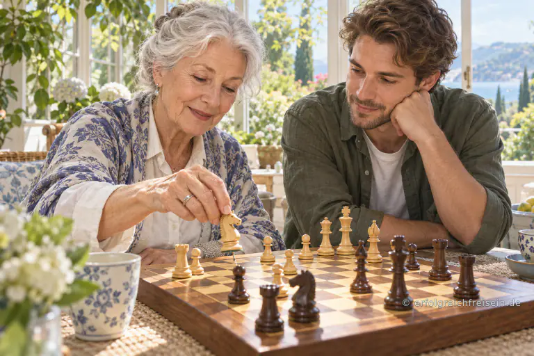 Eine ältere Frau hebt beim Schach einen Springer über das Brett, während ein jüngerer Mann aufmerksam mitdenkt.