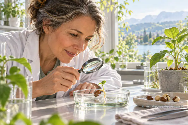 Eine Botanikerin betrachtet mit einer Lupe einen keimenden Samen in einer Glasschale am sonnigen Fenster.