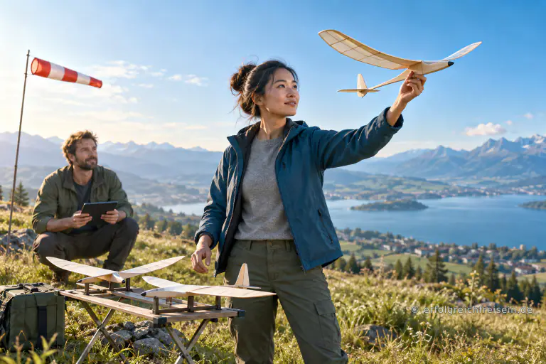 Eine Frau testet auf einer sonnigen Anhöhe eines von drei kleinen Segelflugmodellen, während ein Kollege den Versuch beobachtet.