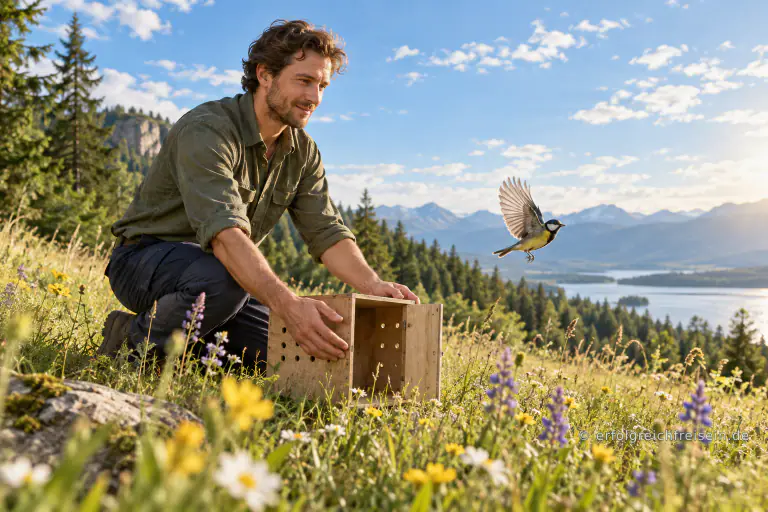 Ein Mann kniet in einer Blumenwiese neben einer geöffneten Holzkiste, während ein kleiner Vogel davonfliegt.