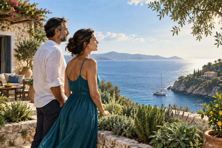 Eine Frau im petrolfarbenen Kleid und ein Mann im weißen Hemd betrachten von einer mediterranen Gartenterrasse das Meer und ein Segelboot.