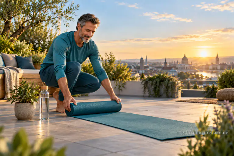 Ein Mann rollt bei Sonnenaufgang auf einer bepflanzten Dachterrasse eine Sportmatte aus.