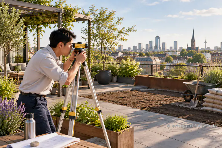 Ein Mann richtet auf einer sonnigen Dachterrasse ein Vermessungsgerät auf eine vorbereitete Gartenfläche aus.