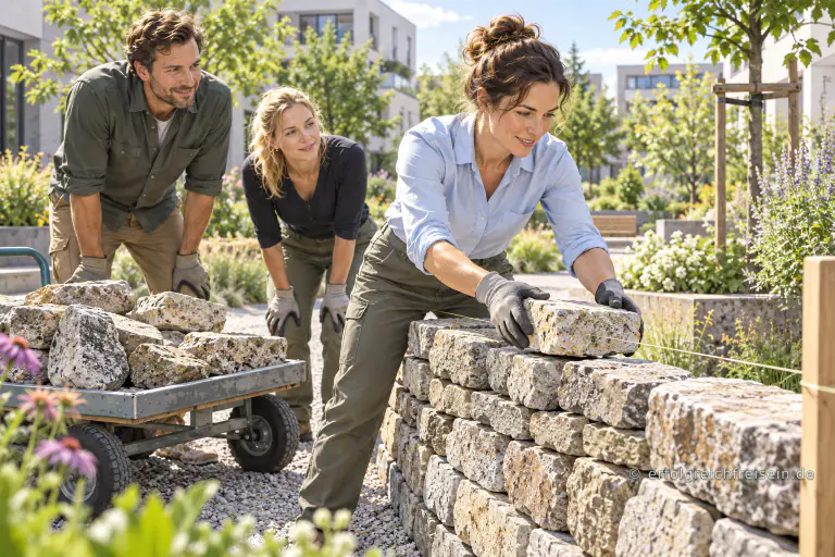 Eine Frau setzt mit behandschuhten Händen einen ausgewählten Stein in eine Gartenmauer ein, während zwei Menschen aufmerksam zusehen.