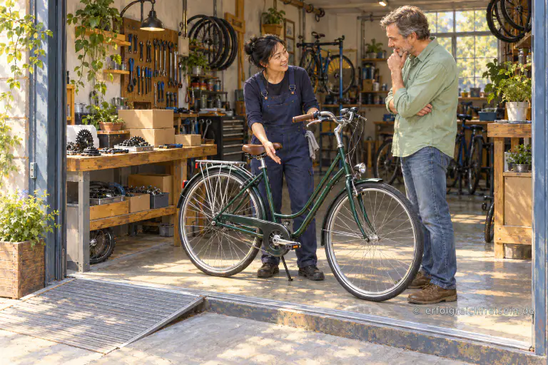 Eine Mechanikerin erklärt einem Kunden ein grünes Fahrrad in einer offenen, sonnigen Fahrradwerkstatt.