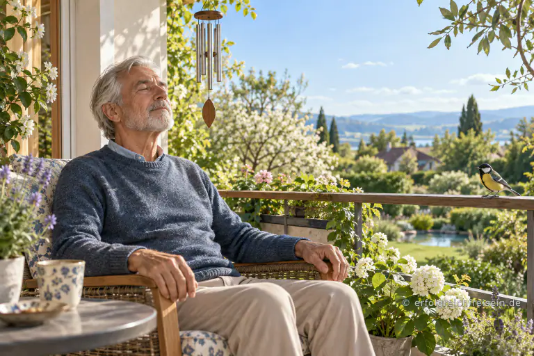 Ein älterer Mann sitzt mit geschlossenen Augen auf einem sonnigen Balkon; neben ihm hängen ein Windspiel und auf dem Geländer sitzt ein Vogel.