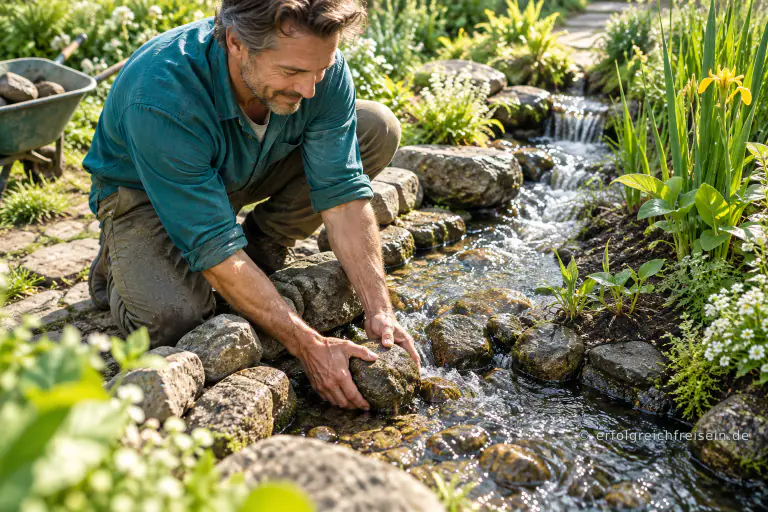 Ein Mann kniet an einem kleinen Gartenbach und hebt einen Stein aus dem Wasserlauf, damit das Wasser wieder frei fließen kann.