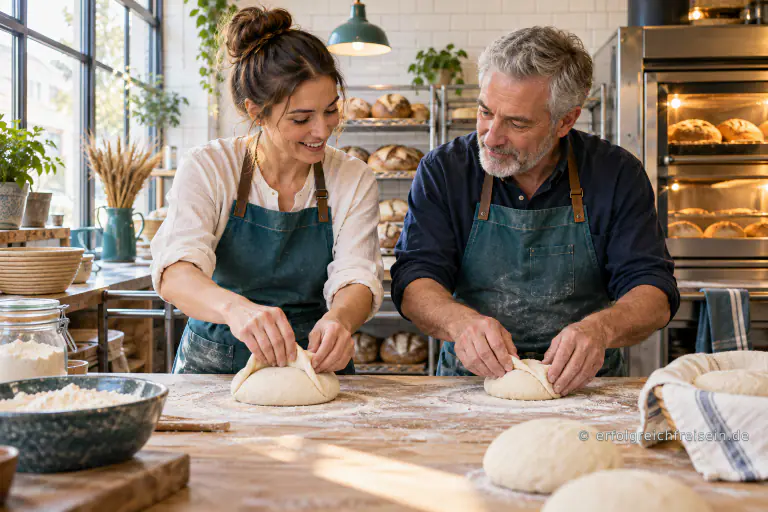 Eine Bäckerin zeigt einem älteren Mann in einer hellen Backstube, wie ein Brotlaib gefaltet wird.