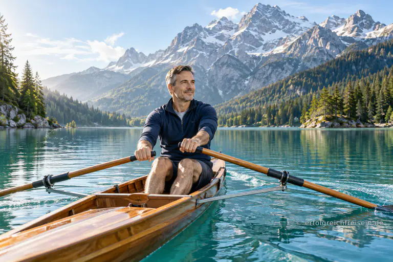 Ein Mann rudert konzentriert und gleichmäßig in einem kleinen Holzboot über einen hellen Bergsee; Körperhaltung und Bewegung wirken ruhig abgestimmt.