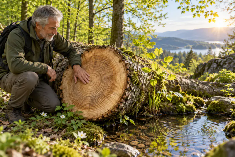 Ein älterer Mann berührt die Jahresringe eines Baumstamms im lichten Wald; daneben wachsen neue Triebe und breiten sich Wasserringe aus.