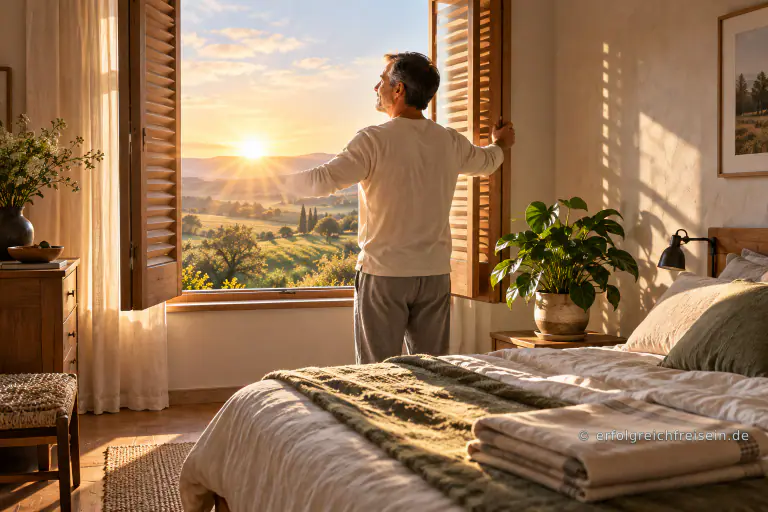 Ein Mann öffnet morgens die Fensterläden eines hellen Schlafzimmers; Sonnenlicht fällt auf Bett, Pflanze und die Landschaft draußen.
