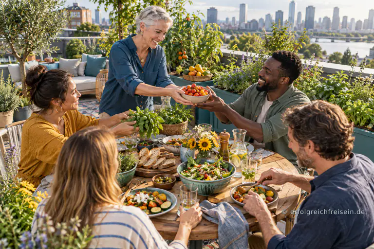 Fünf Menschen teilen auf einer begrünten Dachterrasse frisches Gemüse und ein gemeinsames Essen vor einer Stadtkulisse.