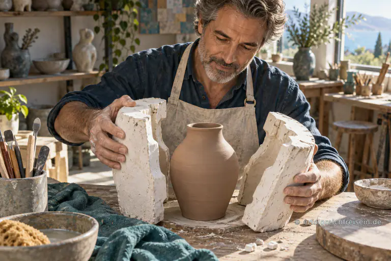 Ein Mann öffnet in einem hellen Atelier eine Gussform um ein fertiges Tongefäß.