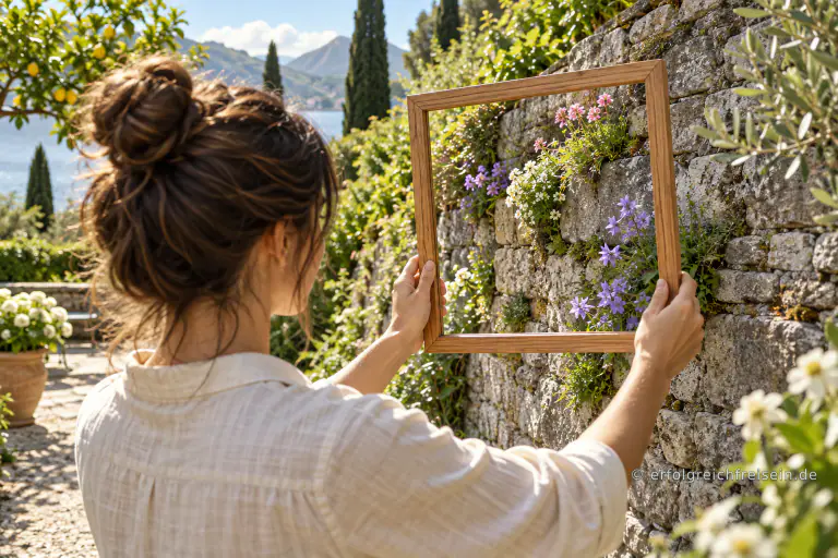Eine Frau hält einen leeren Holzrahmen vor Blumen, die aus einer alten Steinmauer wachsen.