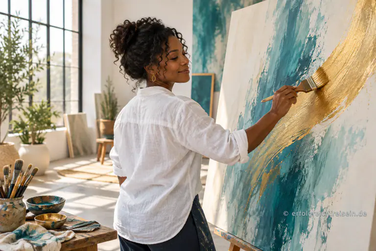 Eine Frau malt in einem hellen Atelier einen goldenen Pinselstrich auf eine große blauweiße Leinwand.