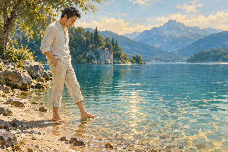 Ein Mann prüft mit einem nackten Fuß vorsichtig das klare seichte Wasser an einem Seeufer.