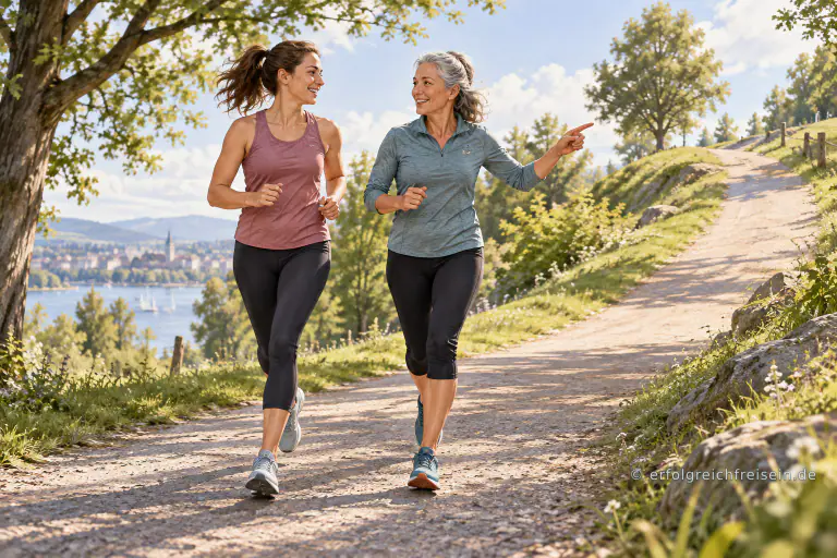 Zwei Frauen laufen im gleichen Tempo nebeneinander, während die ältere auf einen sanften Anstieg zeigt.