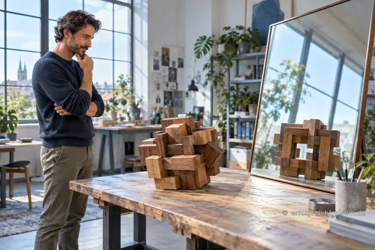 Ein Mann betrachtet ein verwinkeltes Holzpuzzle auf einem Tisch aus Abstand in einem schräg aufgestellten Spiegel.