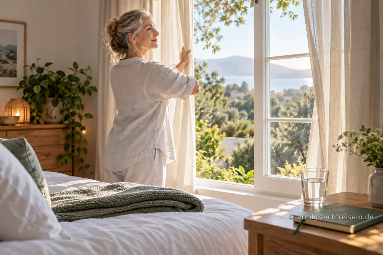 Eine Frau öffnet morgens die Vorhänge; im ruhigen Zimmer liegen eine gefaltete Decke, ein geschlossenes Buch und ein Wasserglas.