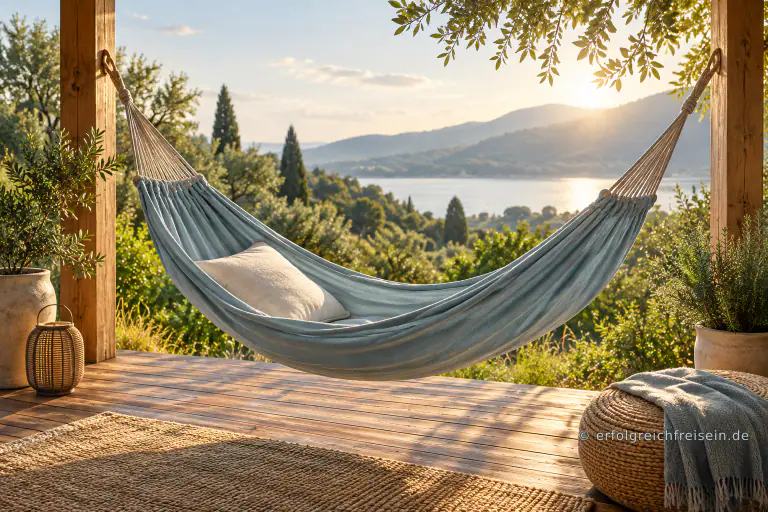Eine hellblaue Hängematte mit einem Kissen hängt auf einer ruhigen sonnigen Veranda.