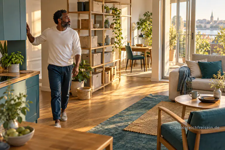 Ein Mann schließt einen Schrank in einer hellen Wohnung mit klar gegliederten Wohn- und Arbeitsbereichen.