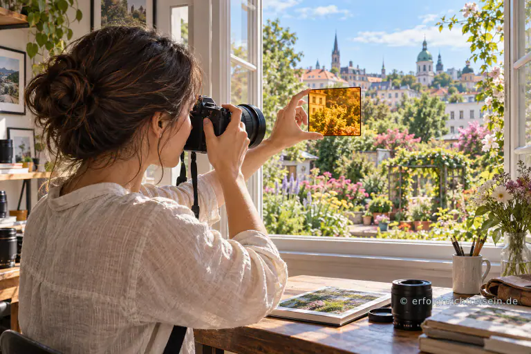 Eine Fotografin hält einen bernsteinfarbenen Filter neben ihre Kamera und vergleicht den gefärbten Ausschnitt mit dem Gartenblick.