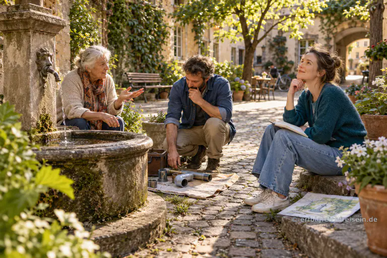 Drei Menschen überlegen an einem alten Hofbrunnen gemeinsam, wie er erneuert werden kann; Erinnerungen, Bauteile und eine Gestaltungsskizze bringen verschiedene Sichtweisen ein.