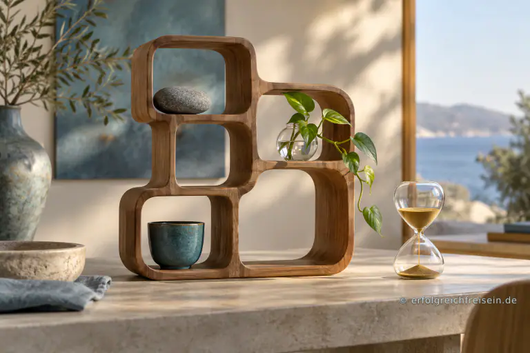 Eine modulare Holzskulptur mit freien Fächern, Pflanze, Stein und Tasse steht neben einer Sanduhr im Sonnenlicht.