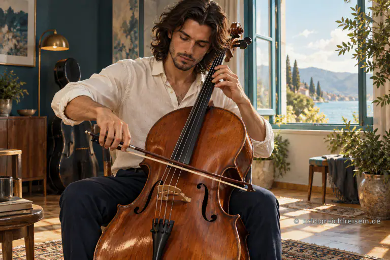 Ein Mann spielt konzentriert Cello in einem hellen Raum mit offenem Fenster.