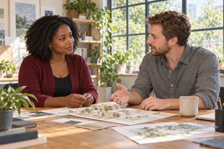 Eine Frau und ein Mann sprechen an einem Tisch über ein Architekturmodell und begegnen einander aufmerksam und ruhig.