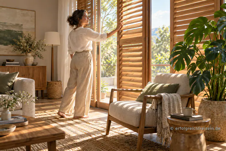 Eine Frau öffnet hölzerne Fensterlamellen, sodass warmes Sonnenlicht in ein ruhiges Wohnzimmer fällt.