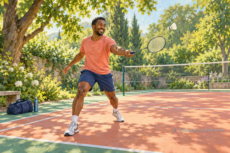 Ein lächelnder Mann in korallfarbenem T-Shirt spielt auf einem sonnigen Platz unter Bäumen Badminton.