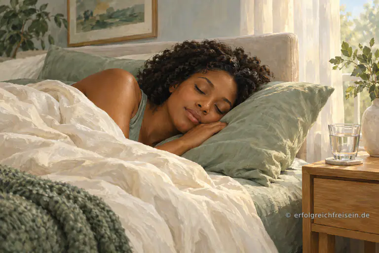 Eine Frau schläft auf der Seite unter einer hellen Decke im sanften Morgenlicht.