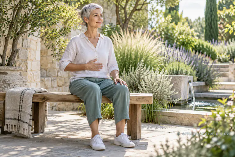 Eine Frau mit kurzem grauem Haar sitzt aufrecht auf einer Gartenbank und legt eine Hand ruhig auf ihren Bauch.