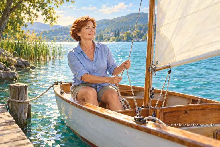 Eine Frau sitzt entspannt in einem festgemachten Segelboot und hält ein Tau, während sich das helle Segel über glitzerndem Seewasser spannt.