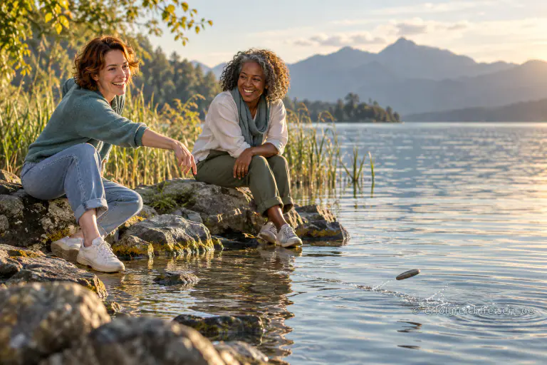 Zwei Freundinnen lassen am sonnigen See flache Steine über das Wasser springen.
