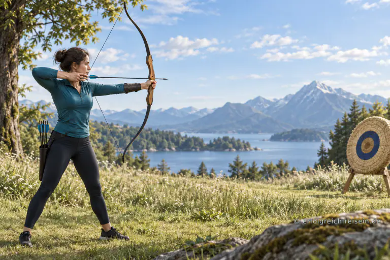Eine Frau zielt auf einer sonnigen Wiese mit einem Sportbogen auf eine Strohscheibe.