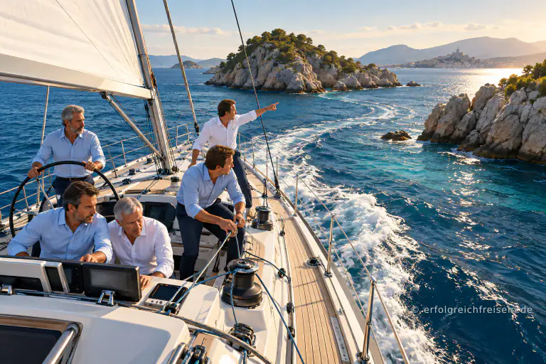 Fünf Geschäftsmänner steuern und navigieren gemeinsam ein Segelboot zwischen mediterranen Inseln; einer weist auf die Durchfahrt zum fernen Hafen.