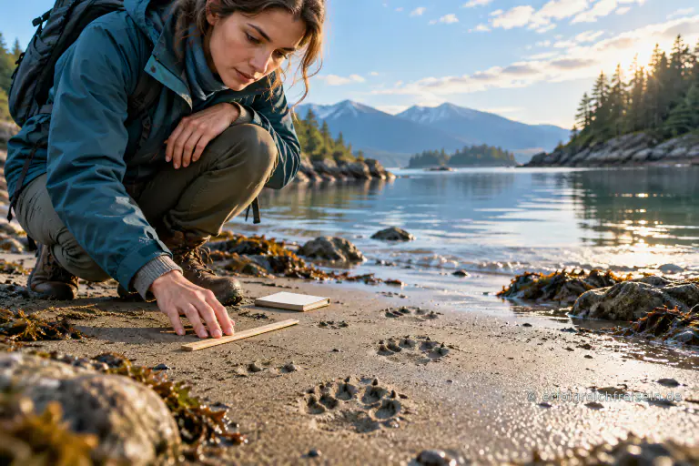 Eine Frau untersucht am Ufer Tierspuren im feuchten Sand und legt einen kleinen Messstab daneben.