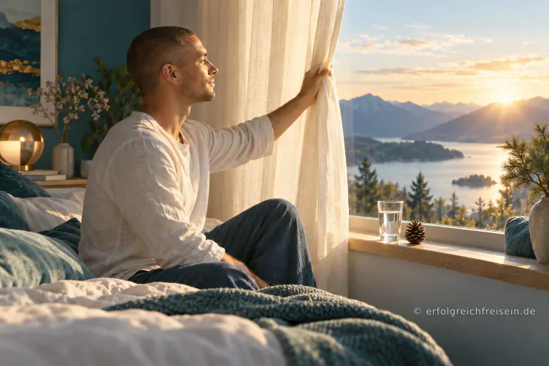 Ein Mann öffnet morgens einen Vorhang; auf der Fensterbank stehen ein Glas Wasser und ein kleiner Kiefernzapfen.