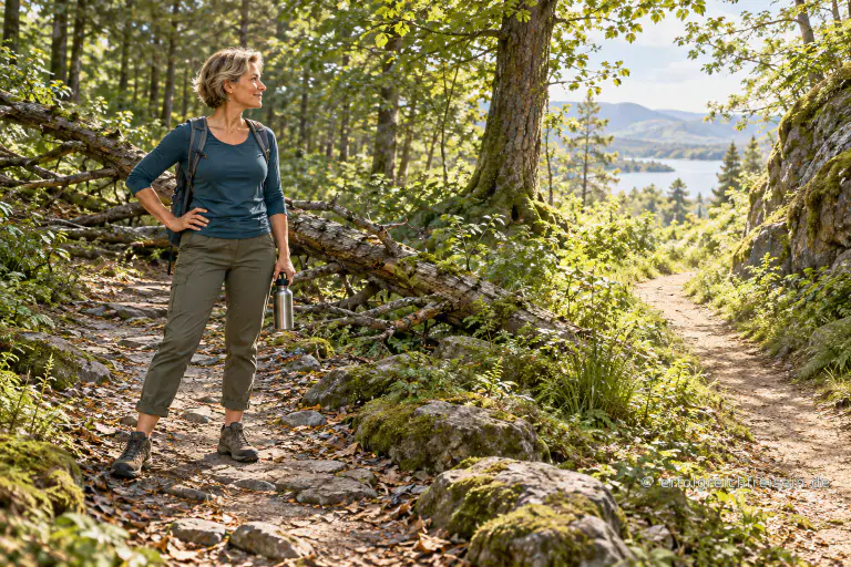 Eine Frau hält auf einem Waldweg vor einem umgestürzten Ast inne und blickt zu einem freien, sonnigen Weg daneben.
