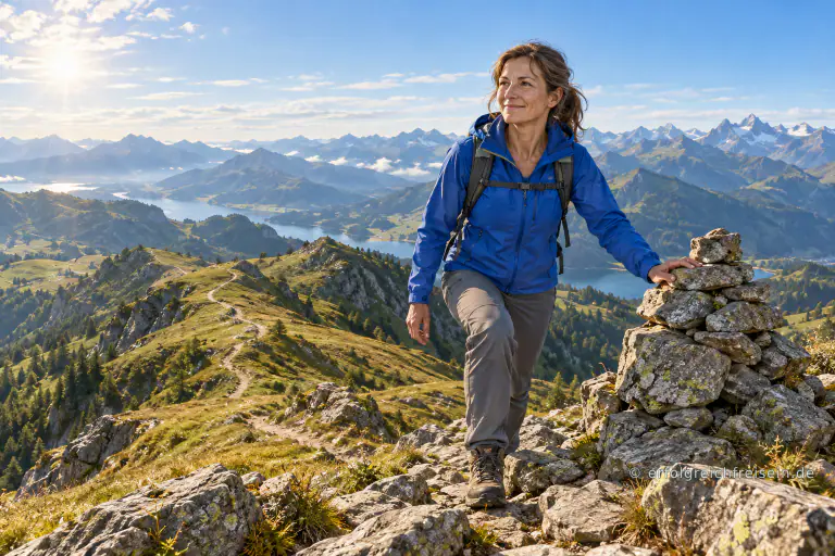 Eine Wanderin erreicht im Morgenlicht einen steinernen Gipfelpunkt über einer weiten Alpenlandschaft.