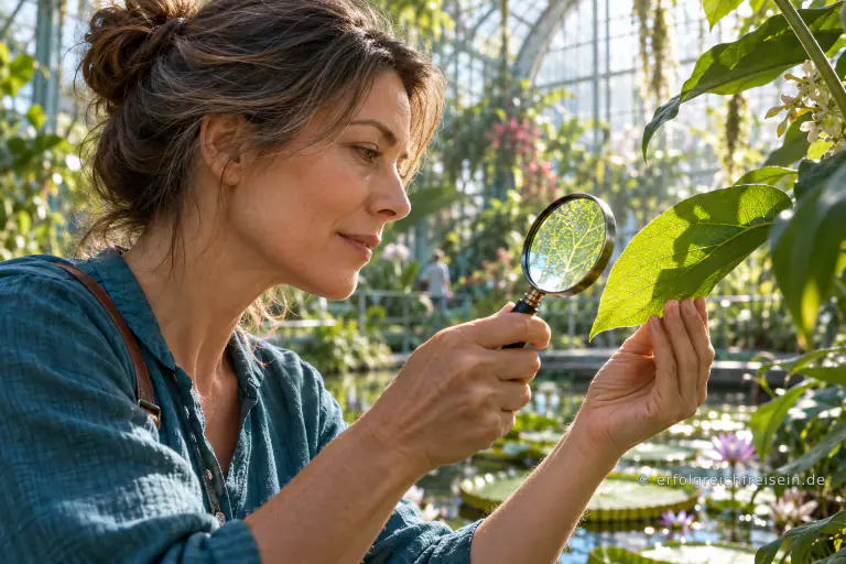 Eine Frau betrachtet im hellen Gewächshaus die feinen Adern eines von Sonnenlicht durchleuchteten Blattes mit einer Lupe.