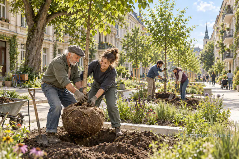 Menschen verschiedener Generationen pflanzen gemeinsam junge Bäume in einer begrünten Stadtstraße.