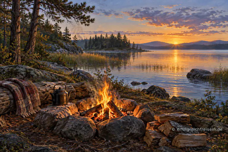 Ein kleines Lagerfeuer brennt in einem Steinring am stillen See; daneben stehen ein Wasserkessel und ordentliches Brennholz.