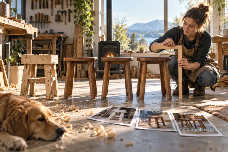 Eine Handwerkerin vergleicht drei fertige Holzhocker mit einem rohen Prototyp und prüft ihre Höhe mit einer einfachen Holzlehre.