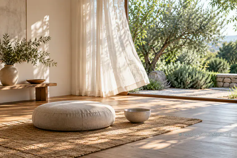 Ein lichter Meditationsraum mit einem runden Sitzkissen, einer Keramikschale und einem offenen Fenster zum Garten.