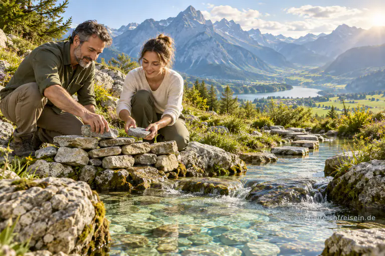Ein Mann und eine Frau bauen an einer klaren Bergquelle gemeinsam ein stabiles Fundament aus Natursteinen; dahinter öffnen sich ein See und eine sonnige Berglandschaft.