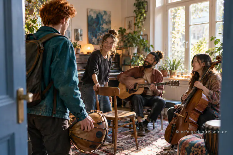 Ein junger rothaariger Mann kommt mit seinem besonderen Schlaginstrument zu einer Musikgruppe, die ihm freundlich einen Platz anbietet.